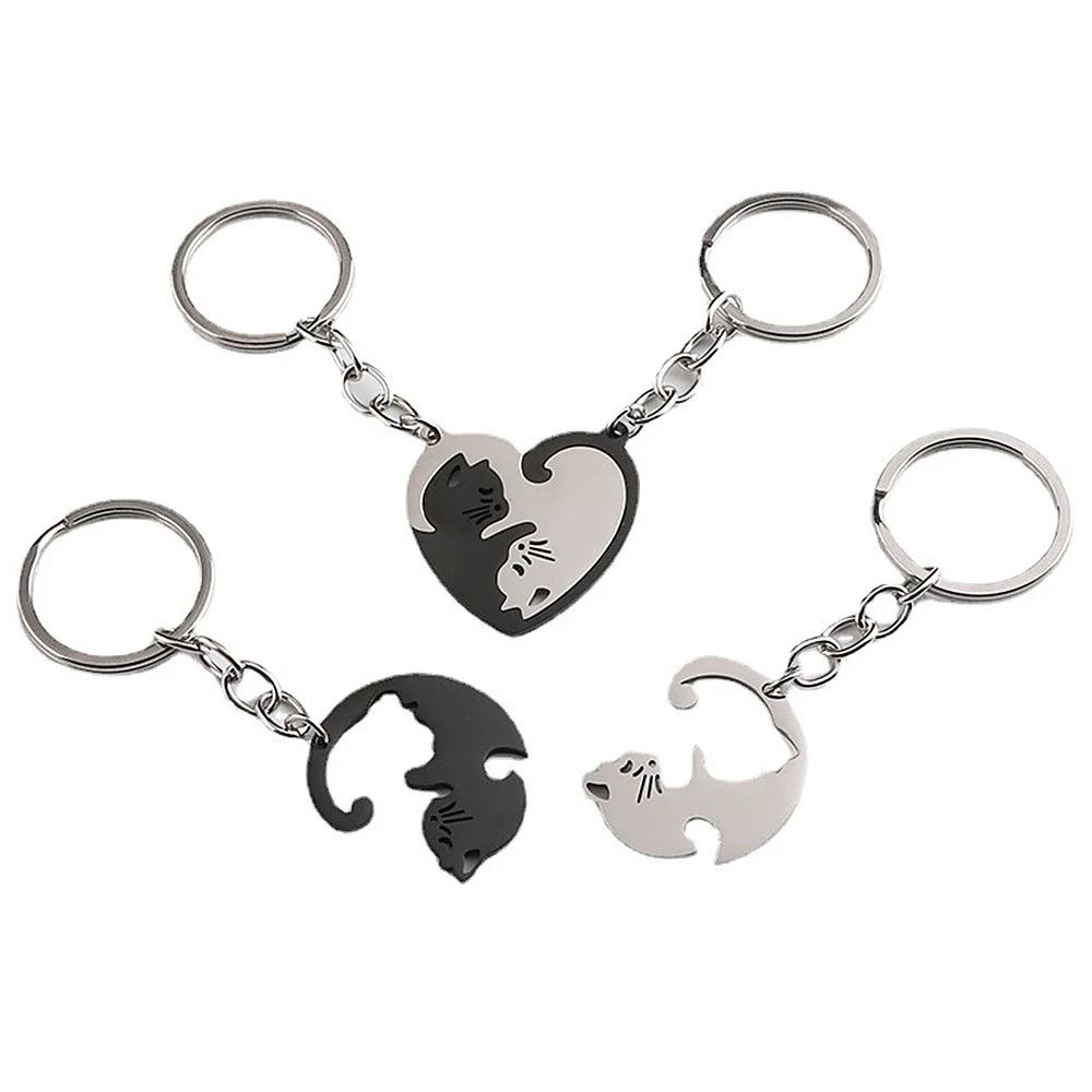 Heart-shaped Patchwork Love Cat Keychain Pendant Couple Key Chain Pendant Jewelry European and American Stainless Steel Keychain