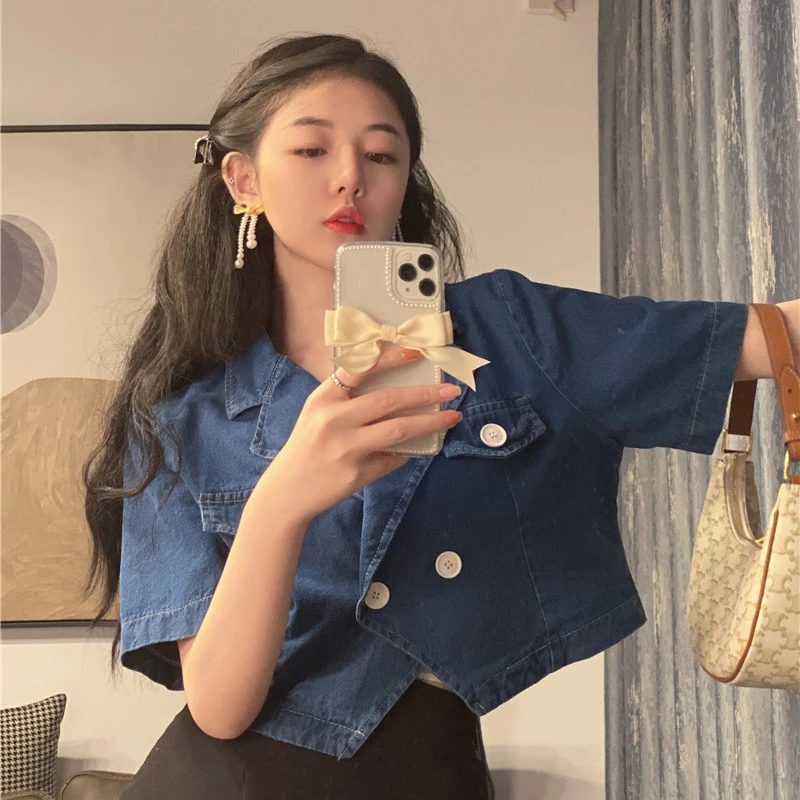 

Джинсовые блейзеры, женские модные двубортные асимметричные свободные однотонные укороченные пиджаки с короткими рукавами, женская повседневная стильная одежда в стиле ретро