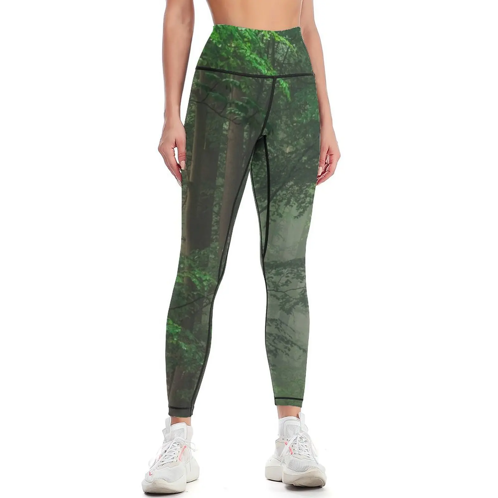 

Boreal forest with trees and leaves and foggy rainy weather landscape Leggings high waist for physical Womens Leggings