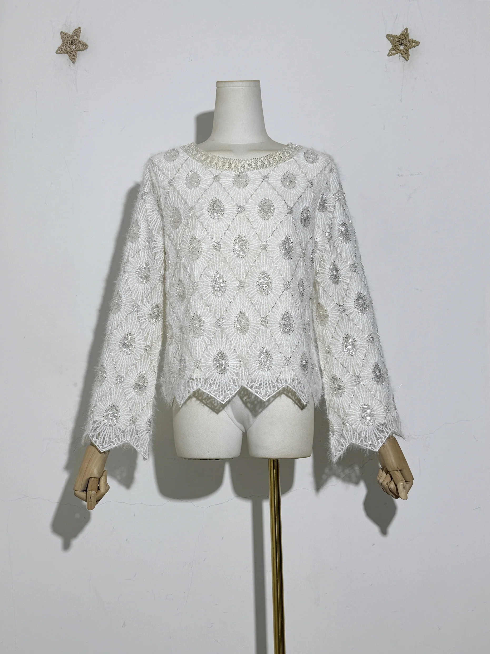 

Роскошная новая женская вязаная блузка во французском стиле с блестками и вышивкой бисером, пуловер с круглым вырезом и длинными рукавами, кружевной топ, рубашка