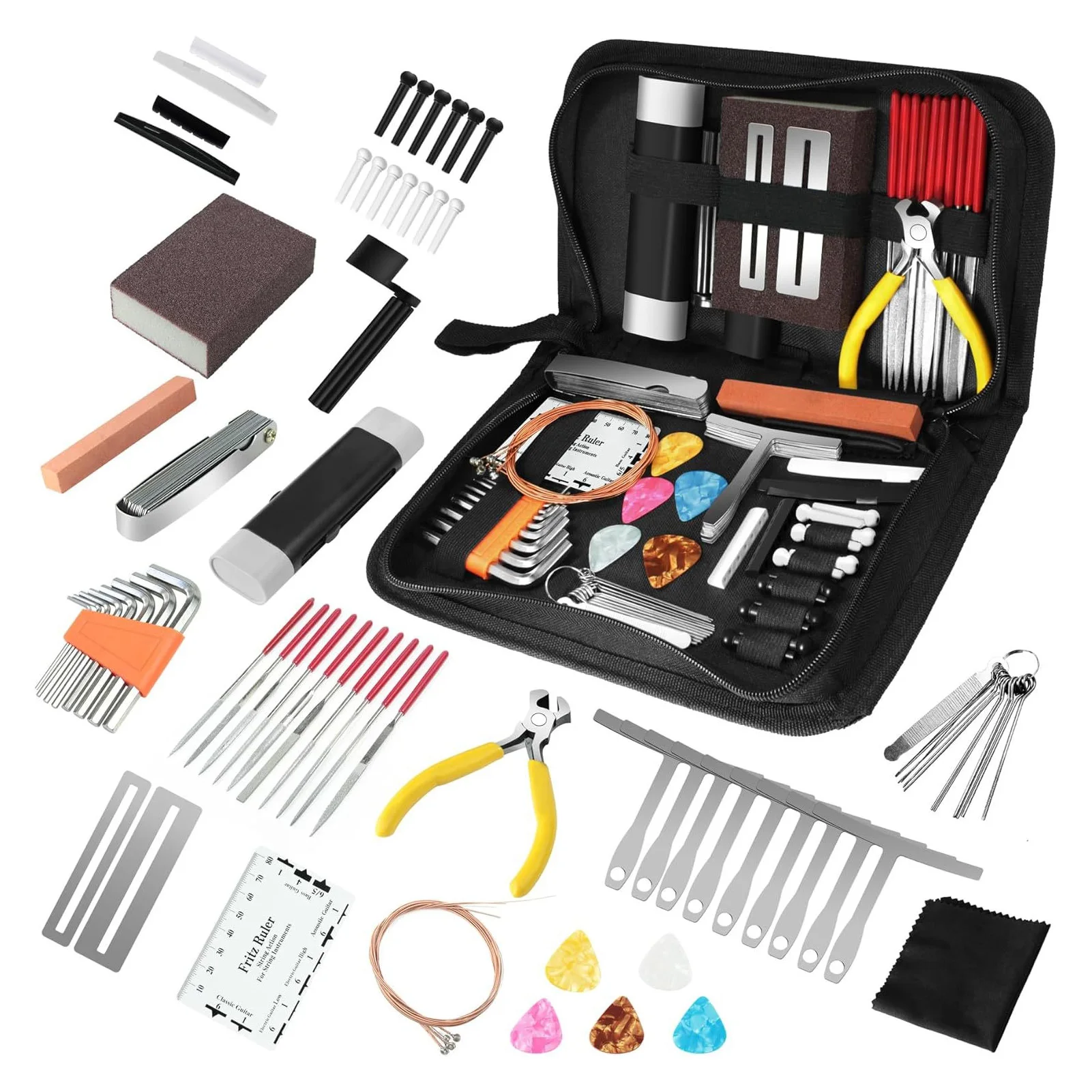 

72 Pcs Guitar Repair Tool Kit with Strings Picks Storage Case String Guard Pen Bridge Pins Nut Files Hex Wrenches for Guitar