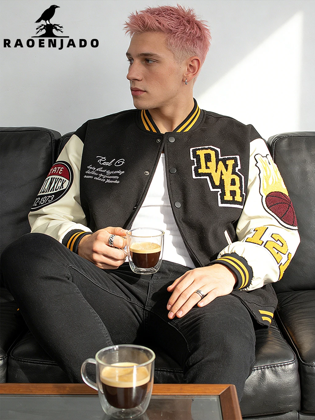 

Men's Casual Streetwear Jacket Patchwork Baseball Varsity Coat Fine Embroidery Outerwear with Faux Leather Sleeves for Outdoor