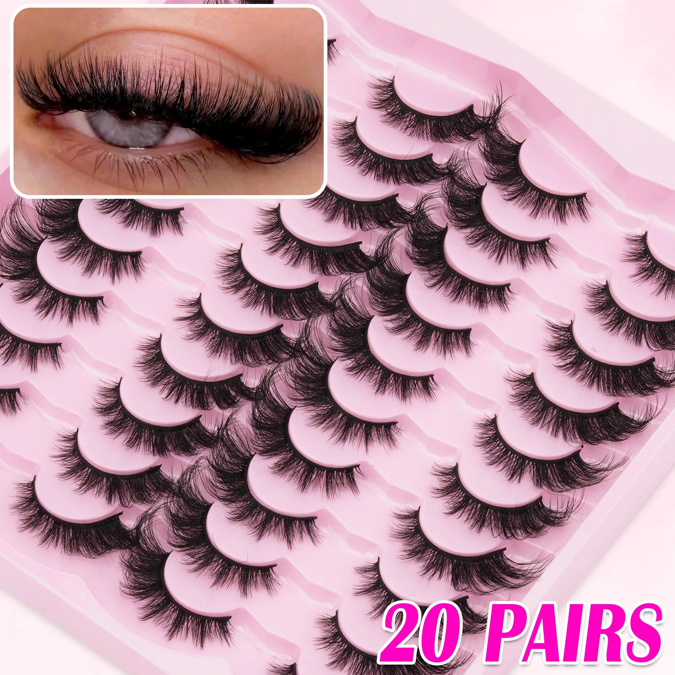 20 Pairs D Curl Faux Mink False Eyelashes Wispy Fluffy Russian Strip Lashes Dramatic Volume for Eye Makeup Daily Wear