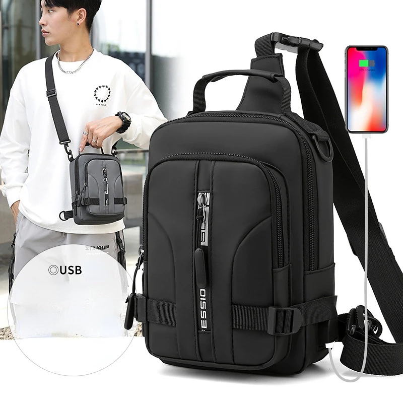 Multifunction Patent Nylon Chest Bag Men Waterproof Men Crossbody Bag Anti-theft Travel Bag Male USB Charging Chest Bag Pack