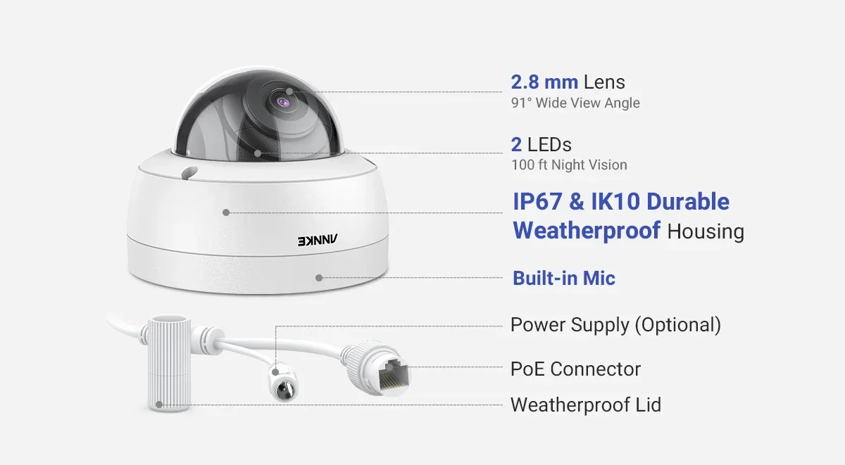 กล้องวงจรปิด ANNKE 4 ตัว ความละเอียด 5MP รองรับ PoE บันทึกเสียงตลอด 24 ชั่วโมง กล้องวงจรปิดภายนอกอาคารมาตรฐาน IP67 ป้องกันสภาพอากาศ สำหรับบ้าน พร้อมระบบเสียง