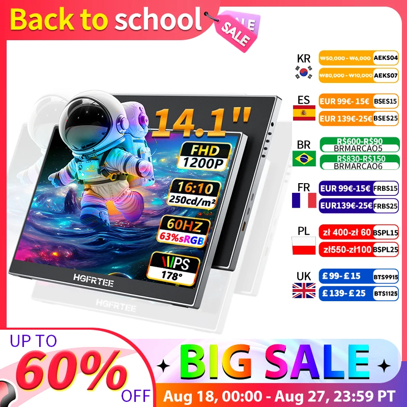 

HGFRTEE 14,1-дюймовый портативный монитор для ноутбука 1200P FHD IPS 16:10 Внешний дисплей USB-C/Mini HDMI для ПК Телефон Xbox PS4/5 Switch