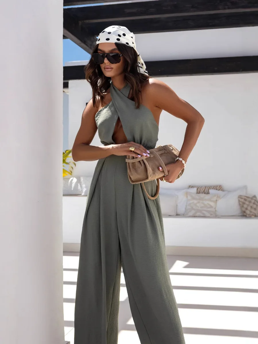 Sexy oulder Bared Pure Color Sve Jumpsuit Damespak Taille Cinching Lange Broek Pendelen Sle Zomeroutfit