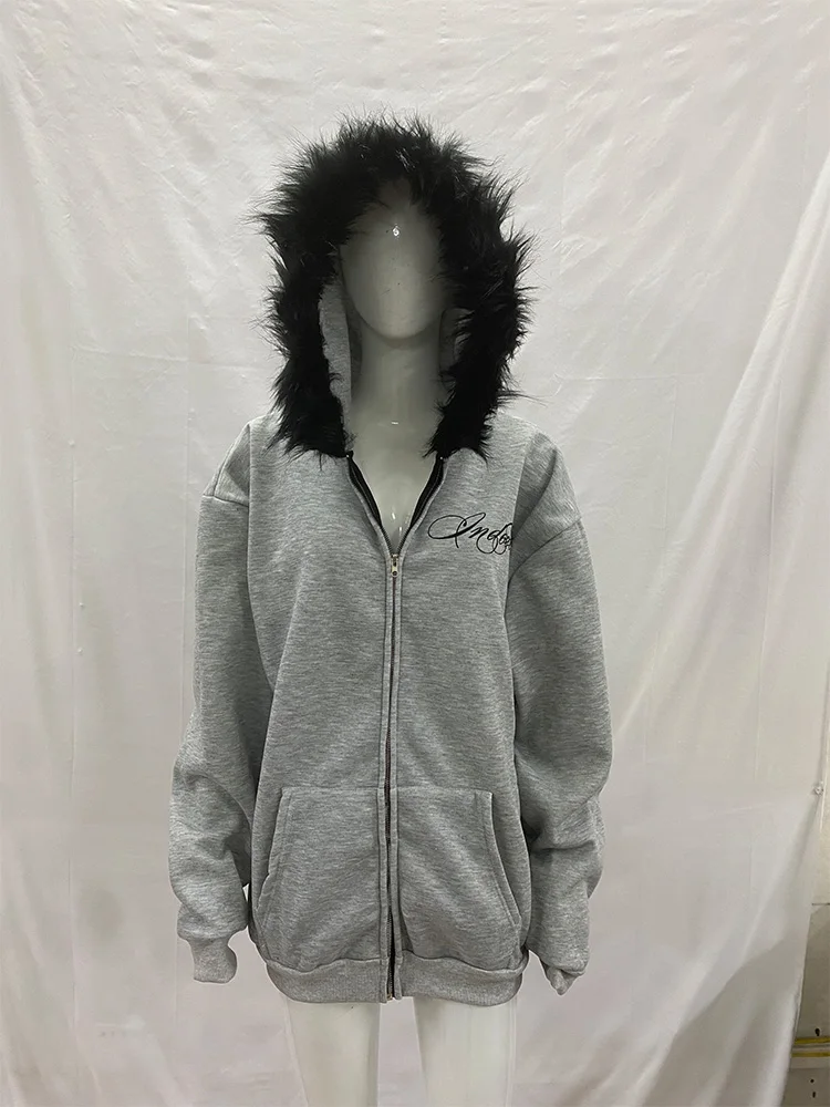 Zimowa ciepła bluza z kapturem, podszyta sztucznym futrem, damska, modna, z nadrukiem, zapinana na zamek, damska, codzienna, oversize, streetwearowa, wygodna bluza z kapturem, 2026