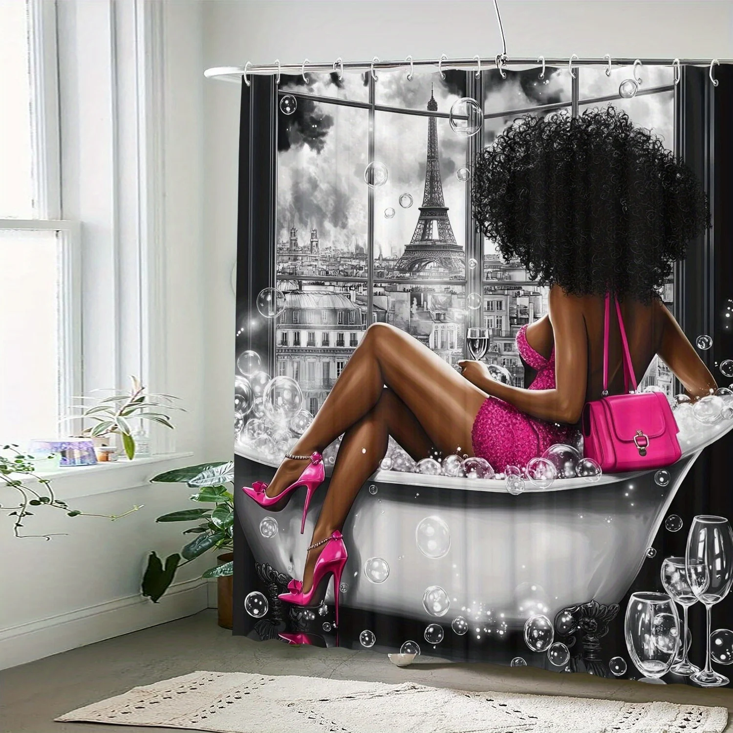 Beautiful black pattern shower curtain waterproof for room home hotel machine washable curtain waterproof bathroom