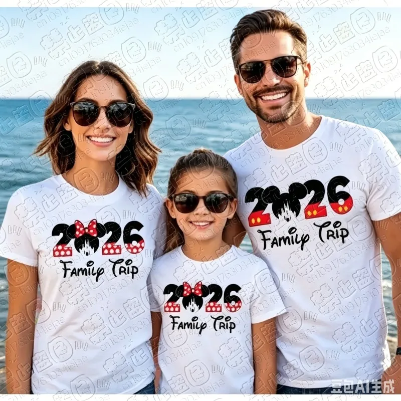 2026 Family Trip Vacation T-shirt Mickey Mouse and Friends Printed T-shirt Men's and Women's Casual Short Sleeve Top