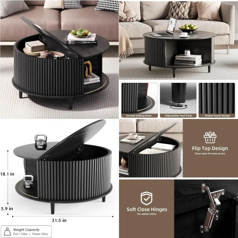 

Round Coffee Table with Storage, Mid Century Modern Center Table with Sliding Cabinet Door, Fluted Dining Table for Living Room,