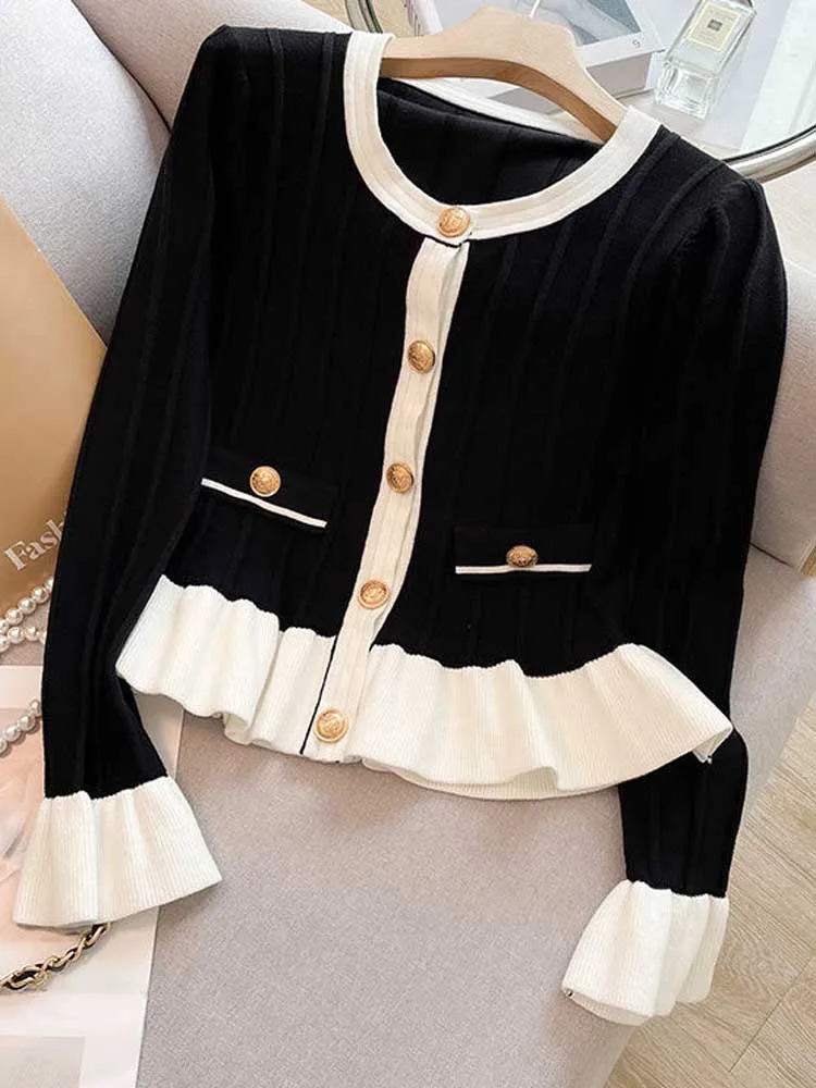 Korean Fashion Ruffles Vintage Knitted Sweater Coat O-neck Flare Sleeve Tunic Sweet Cardigan Y2k Casual Pull Femme Sweater Mujer