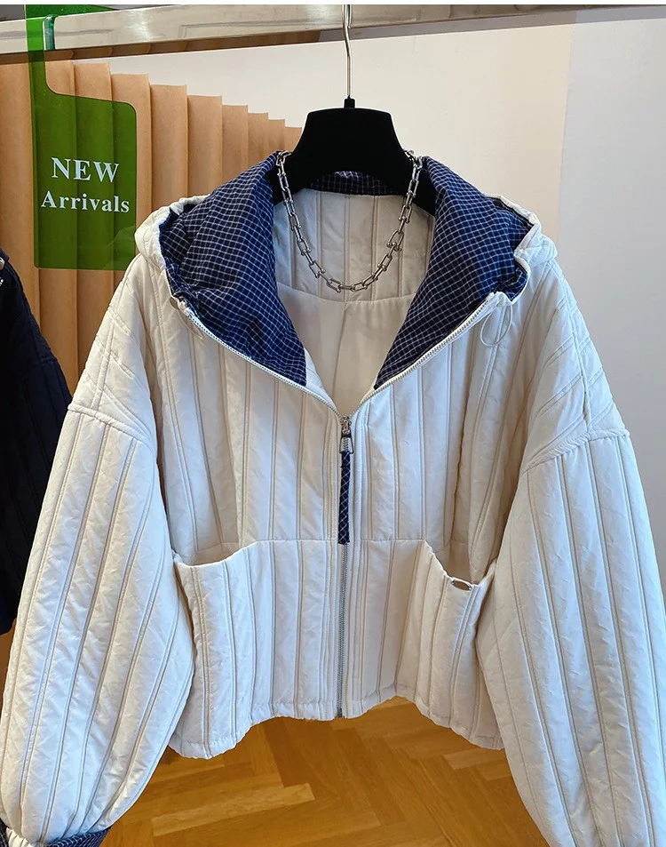 

2025 Autumn Women's Striped Cotton Coat with Plaid Hoodie High-End Contrast Collage Jacket Loose Fit Long Sleeve Outerwear