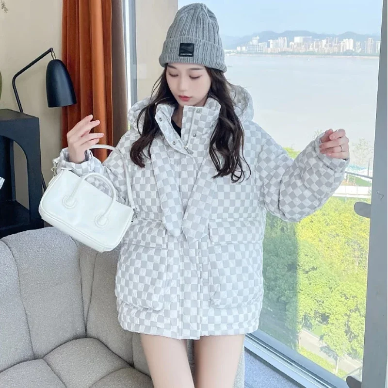 Women's Checkerboard Pattern Hooded Short Down Jacket, Warm Winter Coat, Thick, Loose, Casual, White Duck Down, Outwear