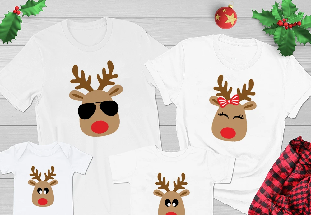 Family Christmas Matching Clothes Mom Dad T-shirt Deer Face Print Tees Xmas Gift for Party