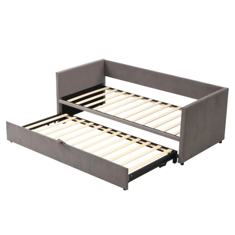 Superaly 90/180x200cm Polsterbett, ausziehbares Schlafsofa mit Lattenrost, multifunktionales Bett, Samtstoff, Grau