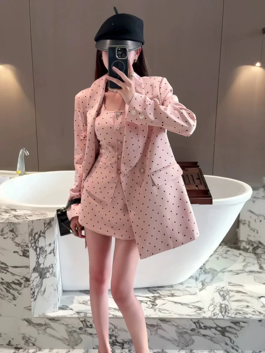 

Pink Polka Dot Women's Suit Set Wide Leg Pants Jaet Top Tee Piece Set Ele And Suitable for Early Autumn