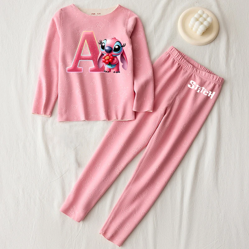 Disney Stitch Children Pyjamas Set Cartoon Angel A-Z Letter Two Piece Suit Girls Kawaii Winter Casual Warm Homewear Kids Gifts