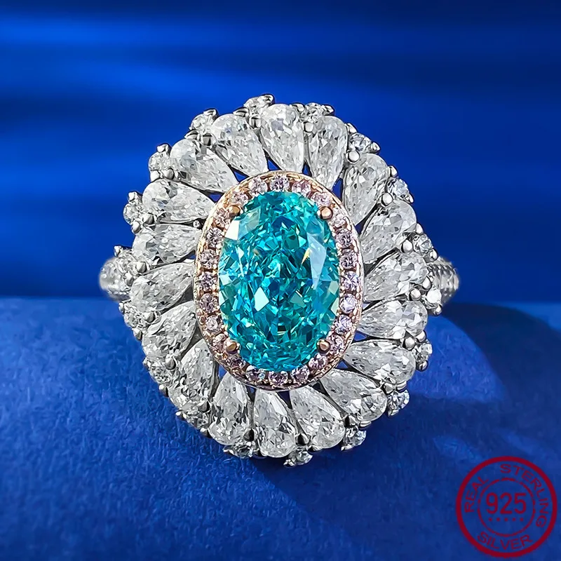 

New Live Broadcast of New Paraiba Color 6 * 9 Ring for Women 925 Silver Design, European and American Fashion, Wedding Jewelry