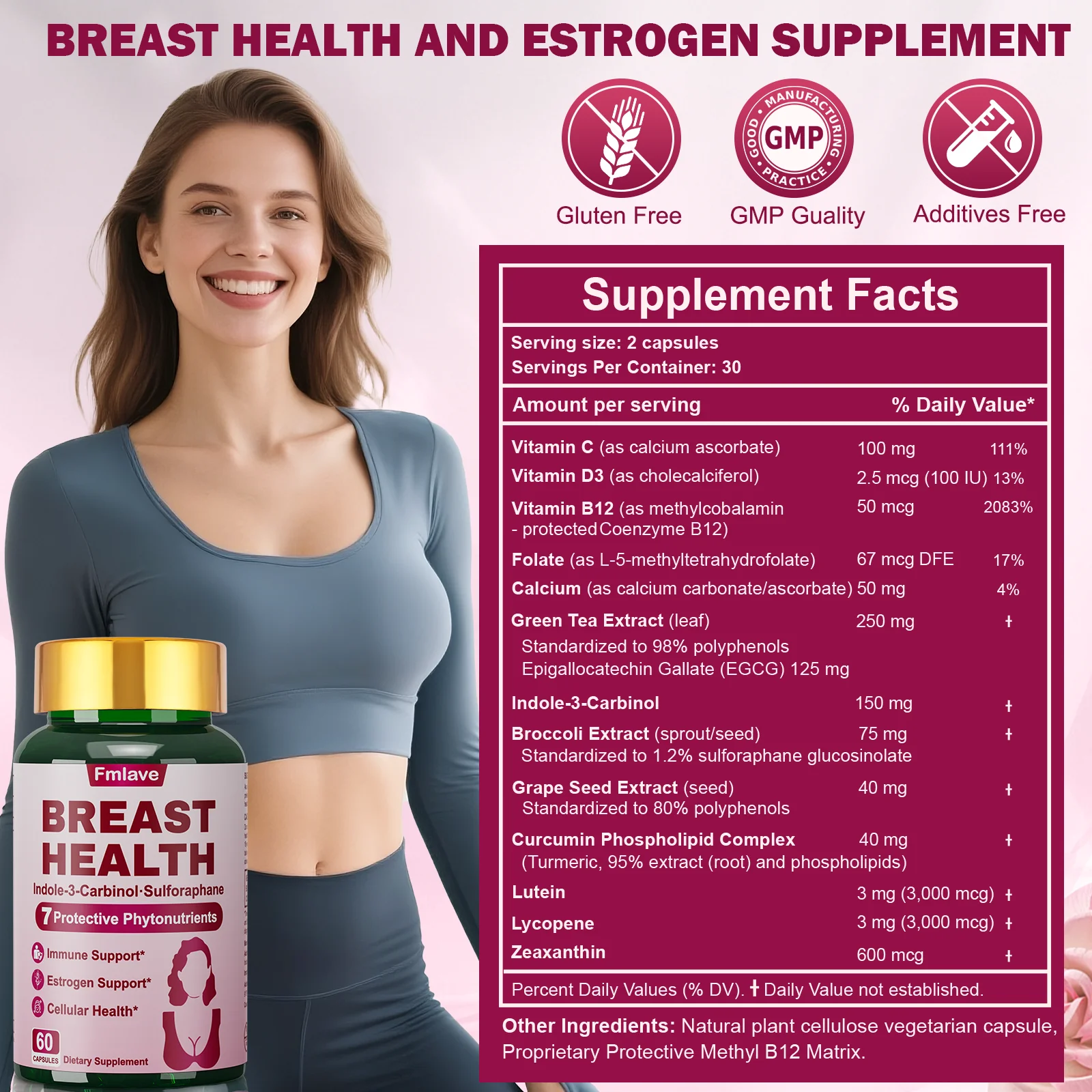 Fmlave Breast Health 60 Capsules - Plant-Based Phytonutrients with Indole-3-Carbinol, Broccoli Extract, Green Tea Extract, Curcumin & Carotenoids - Supports Healthy Breast Tissue
