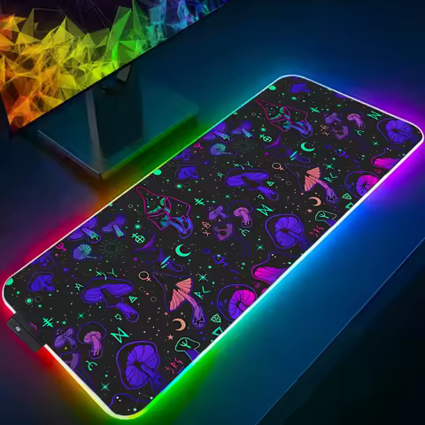 RGB Mouse Pad Mushroom Gaming Desk Mat Celestial Large Mousepad Black Neon Gamer RGB LED Desk Mat Pastel Goth Witchcraft