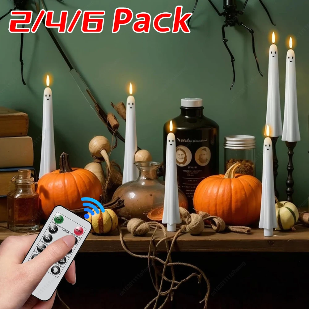 مجموعة شموع بيضاء مخيفة على شكل شبح تعمل بالبطارية 2/4/6 مجموعة شموع LED مع جهاز تحكم عن بعد ومؤقت لديكور منزلي لحفلات الزفاف #1