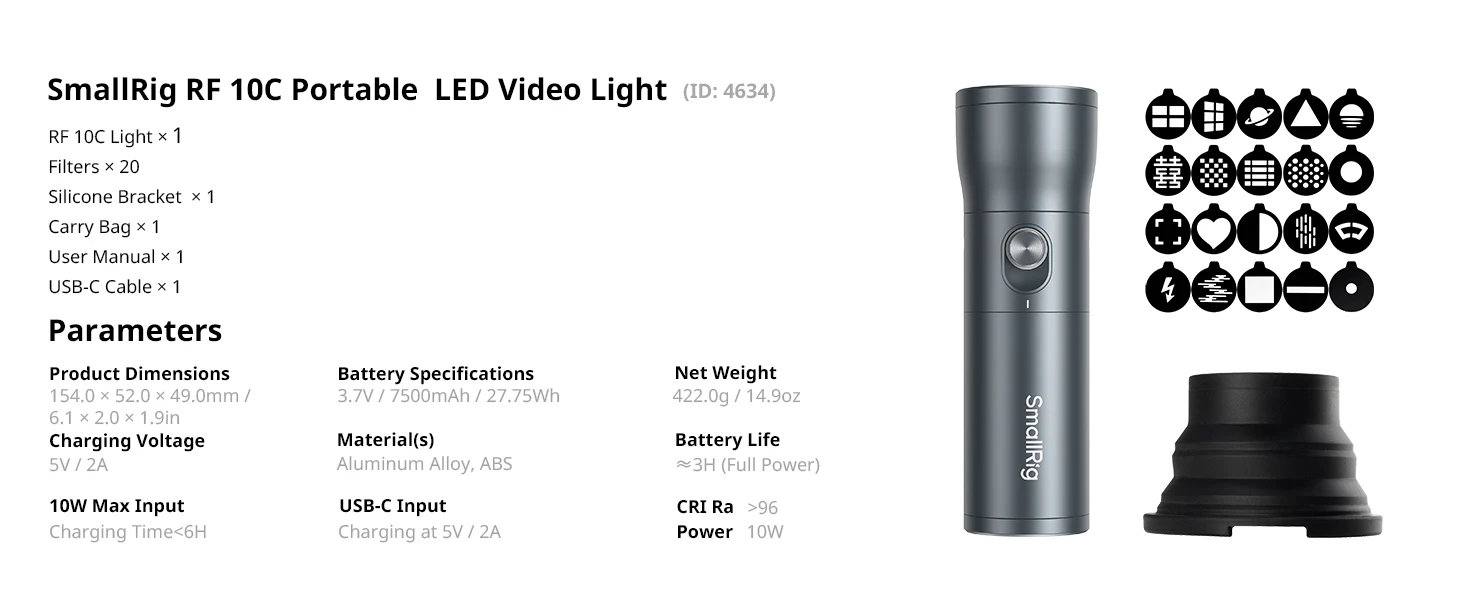 SmallRig RF 10C RGB LED-Fotografie-Taschenlampe, 7500 mAh gemustertes Umgebungslicht mit 4 Farben/20 Lichtfiltern für Video -4634 – Detail 11