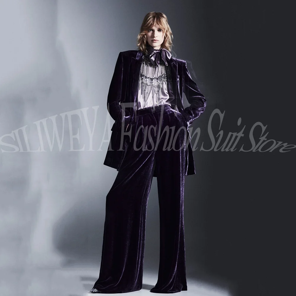 Luxury Smart Suits for Women Purple Velvet 2 Pieces Jacket Wide-leg Pants Social Party Chic Lady Outfits Female Blazers Sets