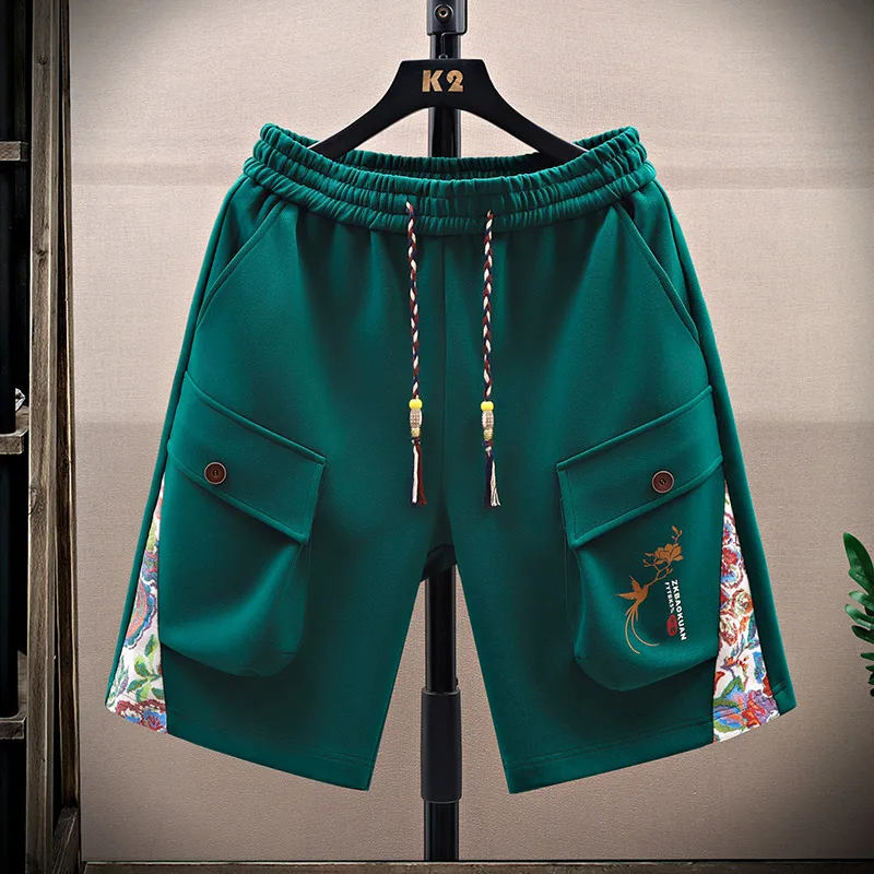 

New Chinese Sle Men's ort Pants Casual Loose Print Summer Trendy Sport Five-Quarter Length Straight Leg Elastic Waist