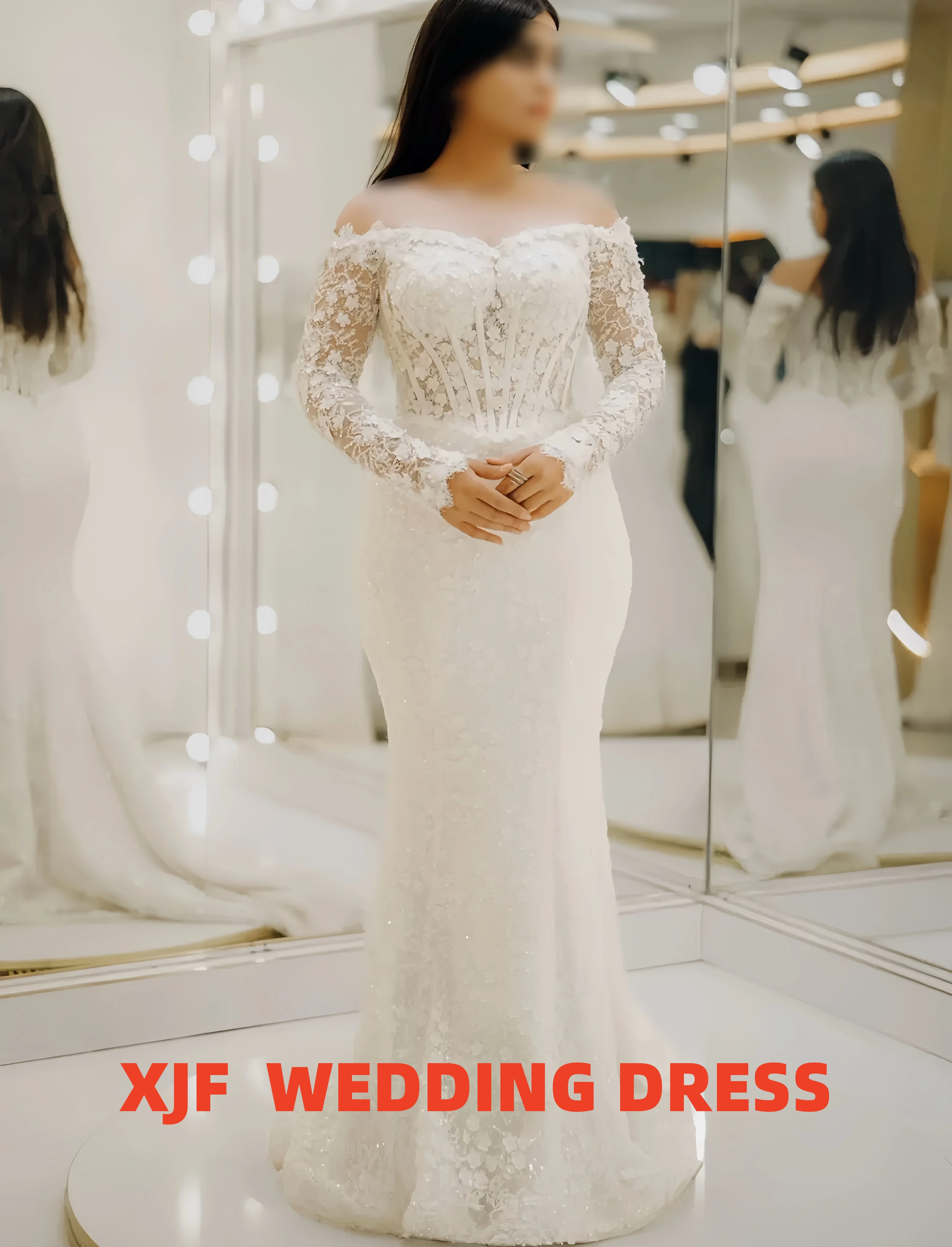 Personalizado dulce cuello de manga larga de encaje de sirena elegante sexy de talla grande vestido de mujer vestidos de novia