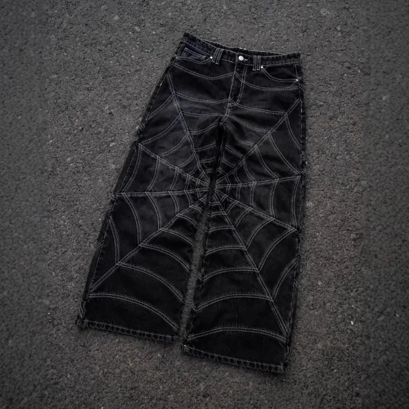 Men's Harajuku Hip-hop Trend Spider Web Patchwork pants2025 Trend Retro Y2k European and American Dark Casual pants