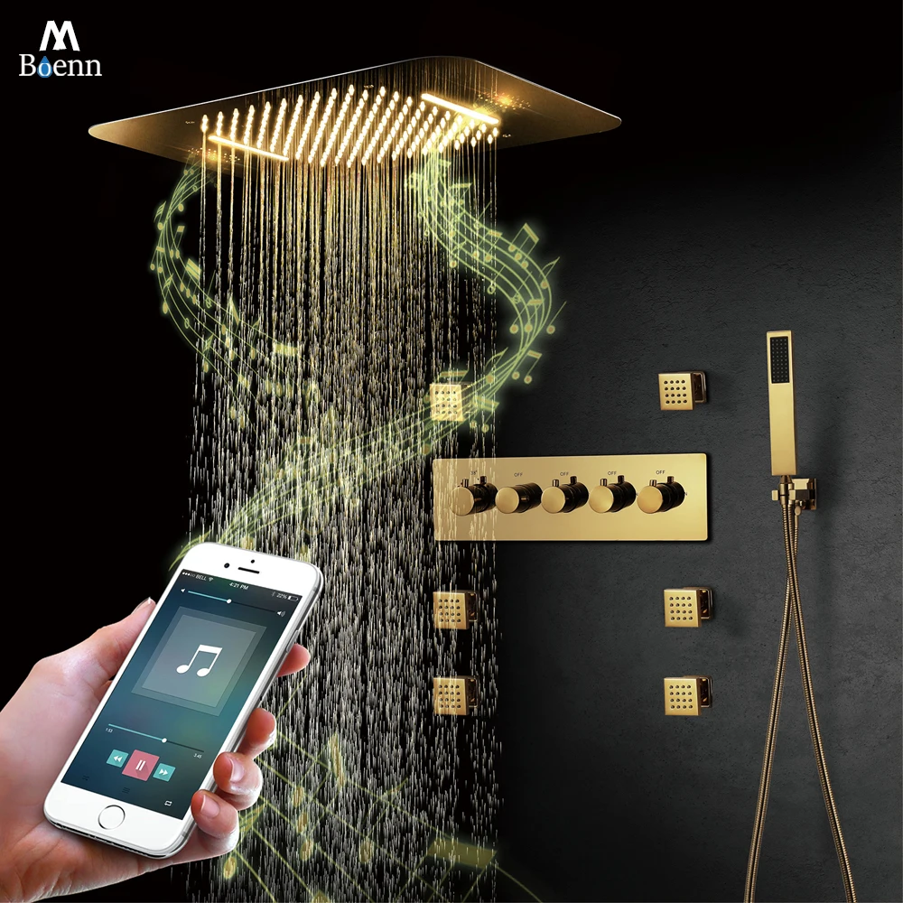 M Boenn Hotel Gold Shower System Set Waterfall Massage Ceiling Rainfall Shower Head Smart Thermostatic Bathroom Faucet Diverter