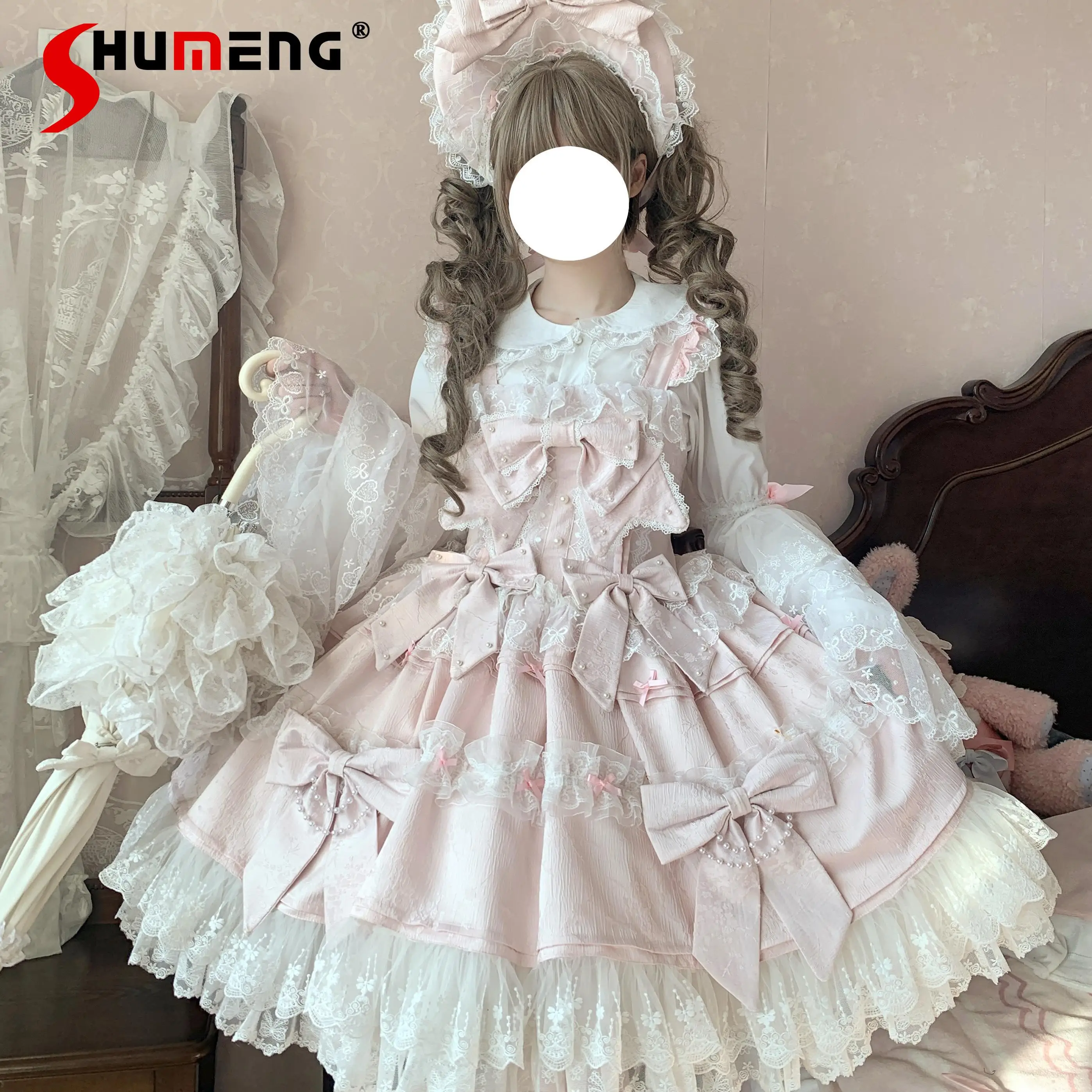 

Original Sweet Lolita Pink Sling Dresses JSK Girl's Women Slim Fit Elegant Birthday Party Dress Lolita Ji Sleeve Shirt Dress Set