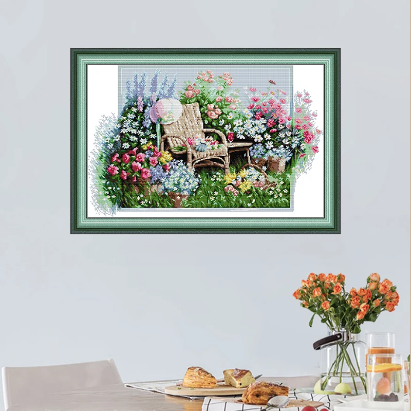 Joy Sunday Garden Chairs Printed Canvas 16CT 14CT 11CT Cross Stitch Patterns Embroidery DMC Threads Painting Hobby Sewing Decor