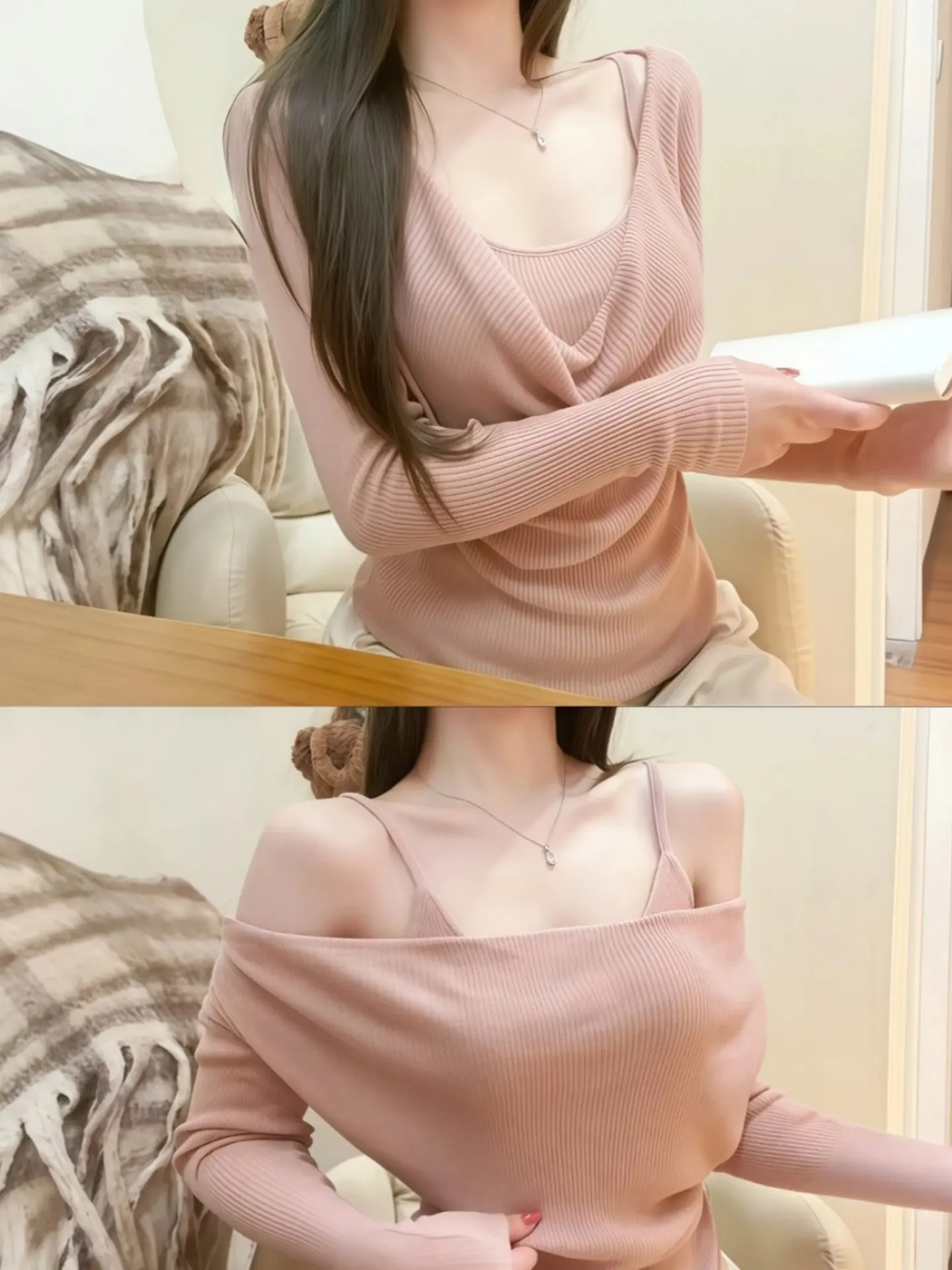 

Pink Knitted Sweater Inner Wear Strap Two-Piece Set Soft Cozy Women's Spring Top Korean Sle Long Sve Polyester Fiber