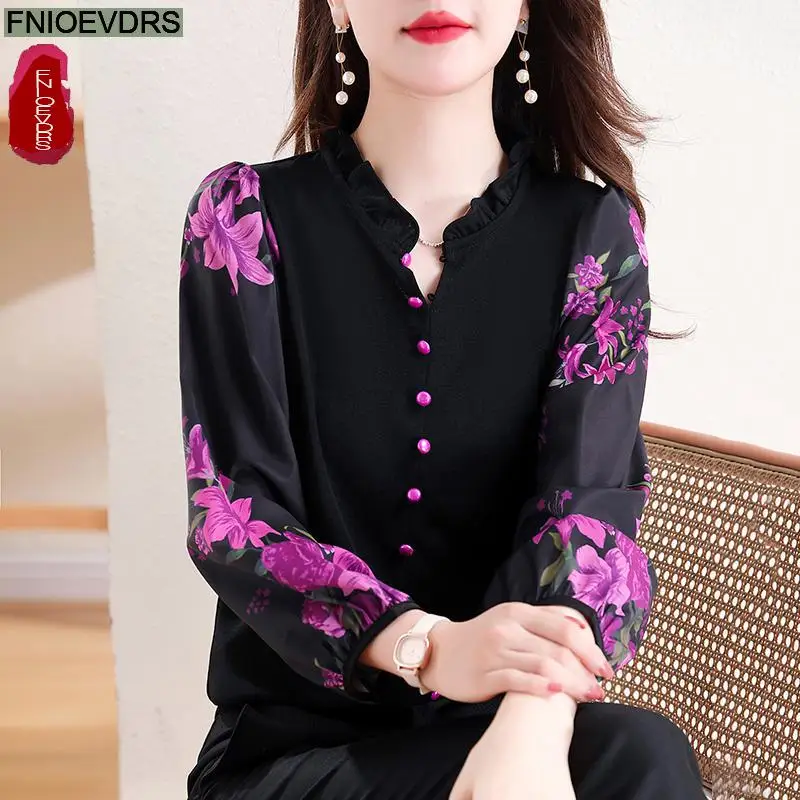 Retro Vintage Ruffles V Neck Tops New Design Women Autumn 2024 Fashion Office Lady Elegant Purple Button Shirts Blouses