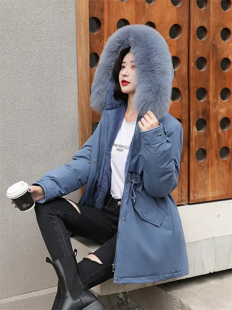 Winter Coat Low Price On Sale Women Beige Add Wool Thick Warmth Fur Hooded Parkas Jacket 2024 New Fashion Belt Slim Cotton Coat