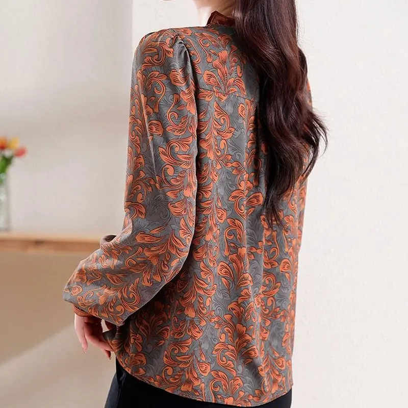 Vintage Printed Lace Spliced Blouse Elegant V-Neck Spring Autumn Long Sleeve Female Clothing Commute Chic Ruffles Button Shirt