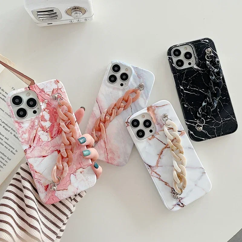 Fashion Marble IMD Cover for IPhone 13 11 12 14 15 16 Pro Max 12 Mini XR XS 7/8 Plus Soft Anit Knock Cases with Wristband