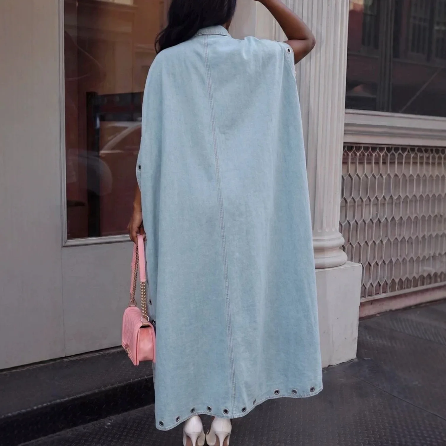 Womens Denim Cape Jacket Lapel Button Front Eyelet Decor Long Cloak Style Cropped Denim Coat Streetwear Club Outerwear