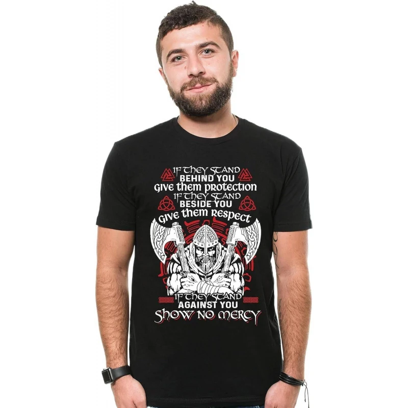 

Viking Mens Show No Mercy Best Gift T-Shirt Celtic Runes Norse Myths Valhalla 100% cotton print Graphic clothes All size tops