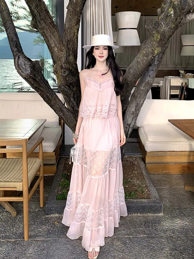 Sexy Sweet 2 piece set for women 2026 Summer Pink lace patchwork camisole V-neck crop tops and long skirt Beach Club INKEO 6D094 view 5