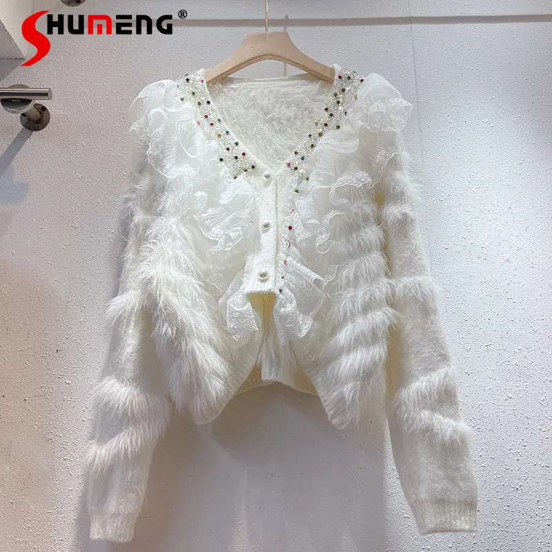 

French Style Fashion Sweet Beads Ruffled Thickened Mink Cardigan Coat Women Fall Winter New Fairy Trendy Chic Loose Knitted Top