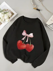 Valentine's Day Holiday Orientation Love Heart Cherry Print Black Hoodless Comfortable Sweatshirt,Ladies Fashion Women Wear Top