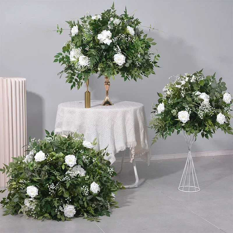 Green Plant Artificial Flower Ball White Rose Greenery Arrangement Wedding Decoration Table Centerpiece Flower Ball Road Leading