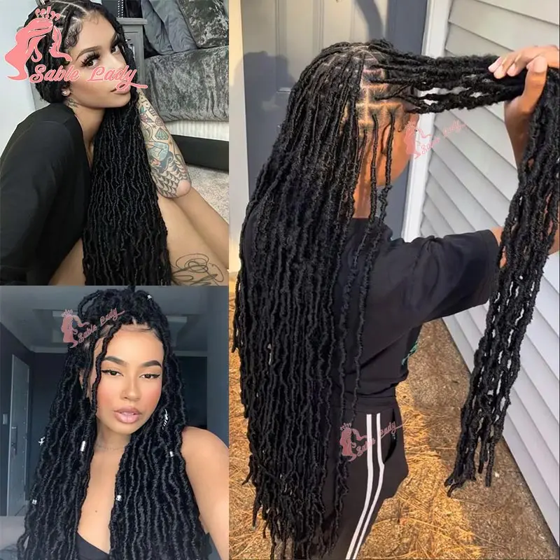 40-calowa pełna koronkowa peruka pleciona z przodu Syntetyczny motyl Faux Locs Peruka Box Braid Peruka bez węzłów Pleciona koronkowa peruka Twist Braids Wig