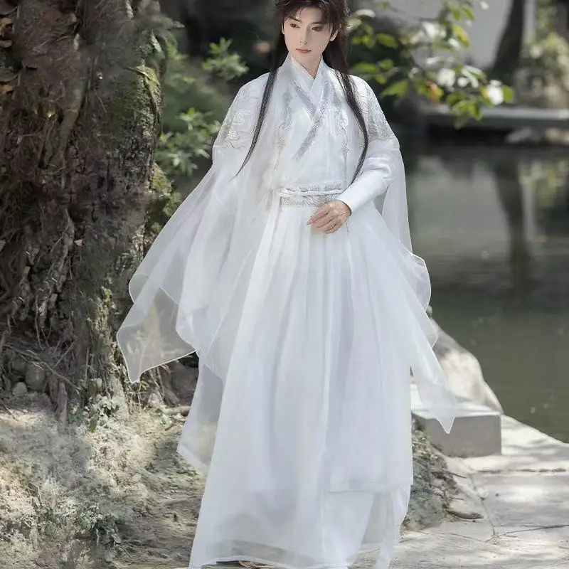 Set Kostum Periode Weijin Tiongkok Pria Wanita Hanfu Bordir Putih Tradisional Setelan Cosplay Pendekar Peri Pakaian Pesta Panggung