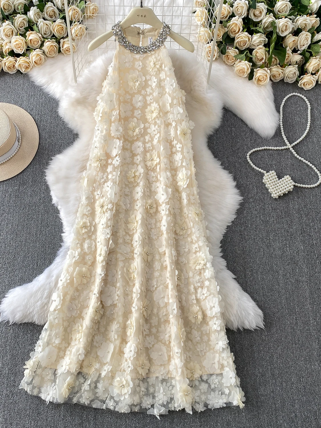 

Ele Diamond Embedded Neline Dr 3D Flower Embellied Slimming A-Line Midi Skirt Korean Sle Commute Summer Dr