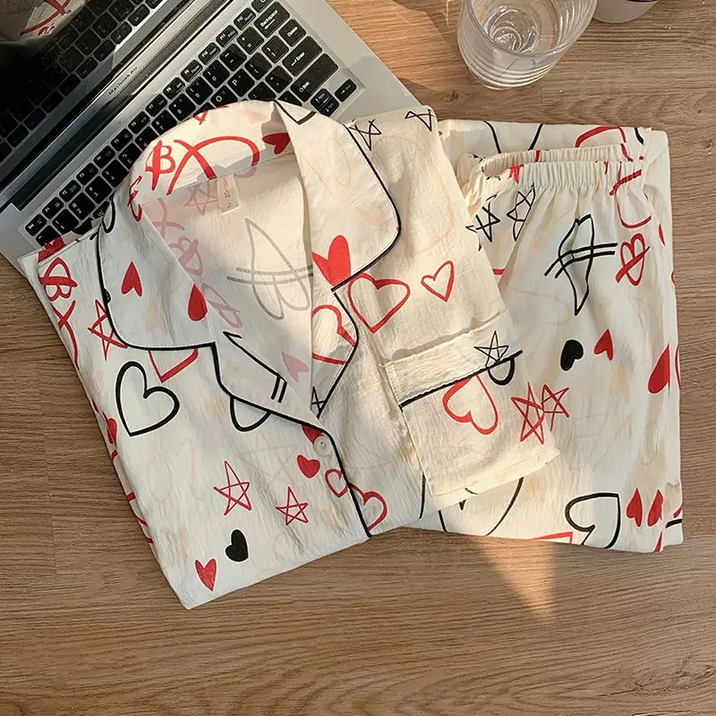 여성용 2025 하트 스타 프린트 클라우드 코튼 카디건 파자마 세트 가을 겨울 긴팔 바지 포근한 스위트 홈 라운지웨어