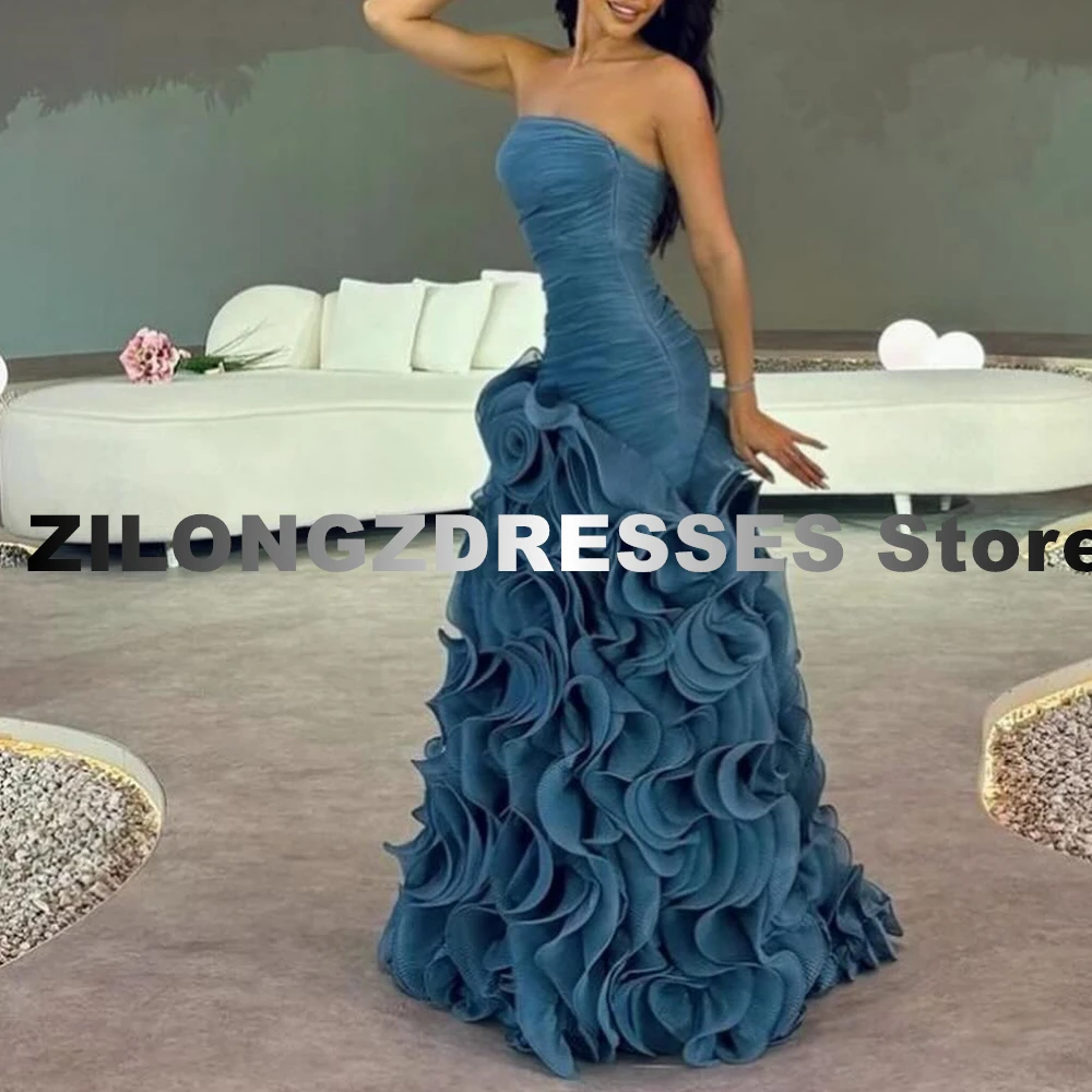 Elegant Blue Organza Flowers Evening Dress Modern Sweep Train Pleats Straight Sleeveless Floor Length Strapless Special Occasion